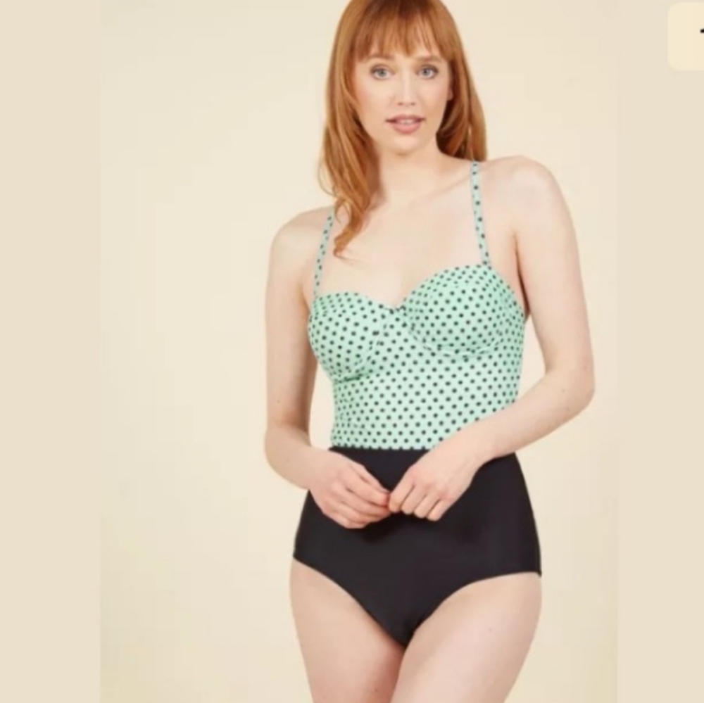 Modcloth High Dive Mint & Black Polka Dot One-Piece Swimsuit XS